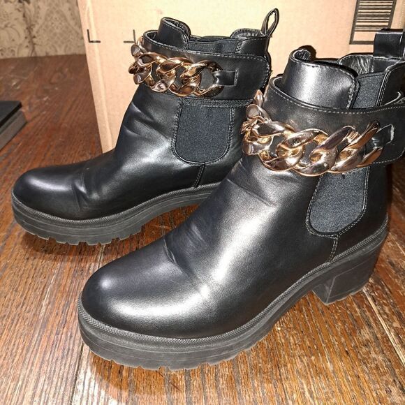 Size 11 H Halston Black Manila Gold Chain Lug Sole Bootie Chunky Boots - Picture 9 of 10